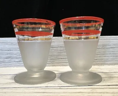 Buy 2 Vintage Anchor Hocking Footed Cordials Frosted Glass Red & Gold Stripes • 11.51£