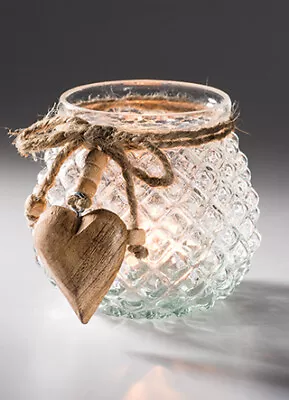 Buy Pair Vintage Style Fairtrade Recycled Glass Tealight Holders With Wooden Heart • 15£
