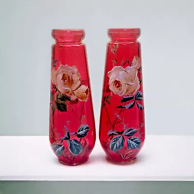 Buy Pair Antique Signed Moser 13  Tall Cranberry Glass Vases With Enamel Roses • 1,136.68£