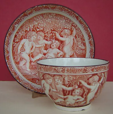 Buy Pearlware Teabowl & Saucer Red Printed Cherubs C1820 • 36£