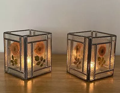 Buy Pair Of Metal And Glass Dried Flower Square Cubed Tea Light Candle Holders BHS • 12.96£