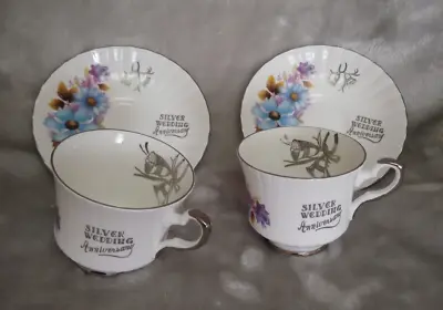 Buy Pair Royal Stafford Bone China Silver Wedding Anniversary Tea Cup And Saucer Set • 12.49£