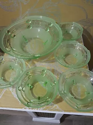 Buy Art Deco Green  Glass Fruit Bowl With Five Fruit Dishes • 24£