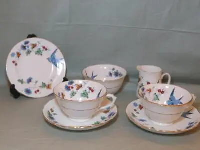 Buy Tuscan Bone China 2 Tea Cups & Saucers With Small Milk & Sugar 4446   Bluebirds  • 25£