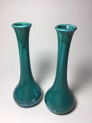 Buy Two Retro Anglia Pottery Turquoise Green Drip Glaze Bud Vases AP126 Vintage 1970 • 12£