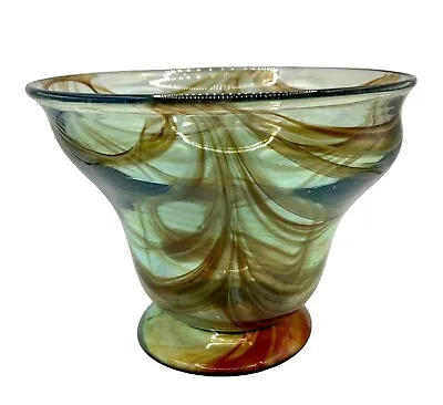 Buy Vintage Hand Blown Studio Art Glass Pedestal Bowl Vase Clear Orange Swirl Signed • 23.67£