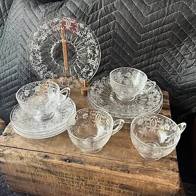 Buy Beautiful Depression Etched Clear Glass 12 Piece Tea Coffee Cup Saucer Plate • 85.34£