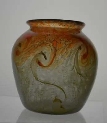 Buy Lge Vasart Glass Vase Orange Yellow Swirls Acid Etched Mid Century Modern • 64.99£