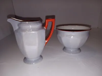 Buy Antique Czechoslovakian Pottery Lusterware Creamer Sugar Bowl  Rare Grey Orange • 30.88£
