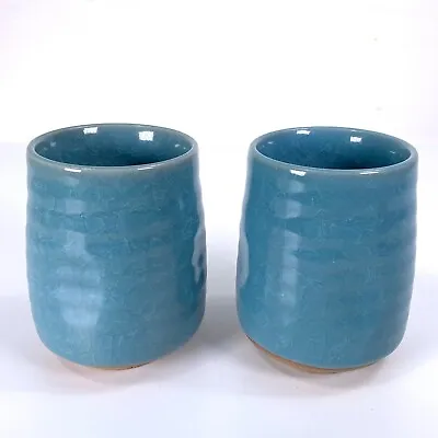 Buy Studio Pottery Set Of 2 Beakers Tumblers Cups Glazed Blue Hot Cold Drinking Cup • 19.99£