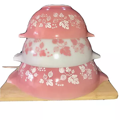Buy Vtg Mcm Pyrex Pink White Gooseberry Cinderella Nesting Mixing Bowls 442 443 444 • 350£