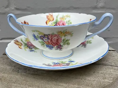 Buy Rare Shelley Butcher's Crocus & Rose Pattern Two Handled Cup & Saucer • 19.99£