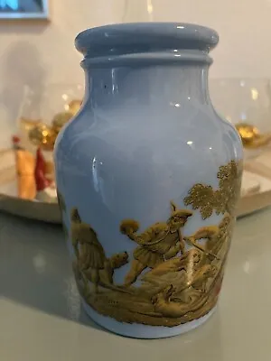Buy Vintage Small Wedge Wood Blue Vase  With Middle Age Hunt Scene In Gold • 8.54£