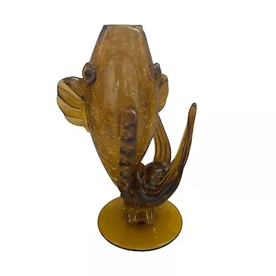 Buy Mid Century Amber Crackle Art Glass Fish Vase Figurine • 47.37£