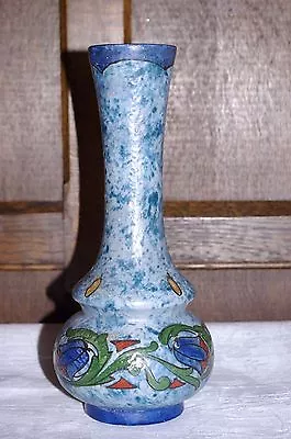 Buy Vintage Art Nouveau Hanpainted 9.5  Floral Blue Mottled 9.5  Pottery Vase  • 25£