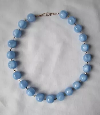 Buy Vintage Deco Czech Round  Blue Satin Glass Beads Necklace Gold Wires • 15£