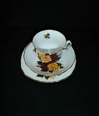 Buy Beautiful Vintage Queen Anne Bone China Red & Yellow Roses Trio Tea Set • 9.50£
