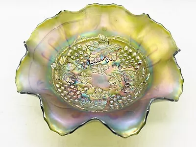 Buy Antique Green Carnival Glass Ruffled Edge Fruit Bowl Dish • 29.99£