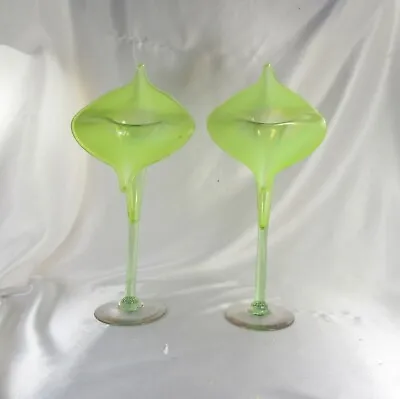 Buy 2 HTF 13” JACK IN THE PULPIT CANARY YELLOW OPALESCENT VASELINE GLASS VASES 1890s • 285.76£