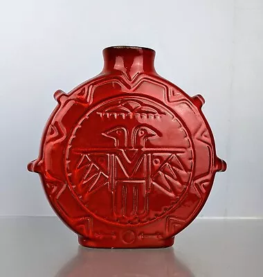 Buy Vintage Frankoma Pottery Fire Flame Orange Mayan Aztec Thunderbird Canteen Vase • 69.95£