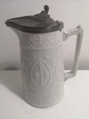 Buy Antique Victorian White Stoneware Jug With Pewter Lid - Very Good Condition • 14.99£