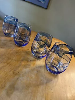 Buy Cobalt Blue Swirl Line Wave Stemless Wine Glasses Set Of 4 Excellent Condition • 62.43£