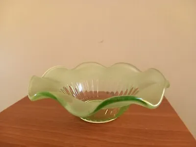 Buy Vintage Fluted Frosted  Art  Deco  Style  Green Glass Dish • 10£