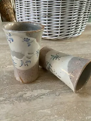 Buy Ceramic Sake Cup Shot Glass Set 2 Beige And Blue 4”Oriental Stoneware Vase • 22.06£