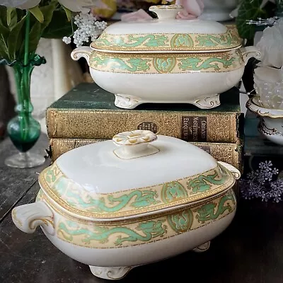 Buy Victorian Antique Booths Silicon China Tureens X2 With Green Dragon Trim #4410G • 35.99£