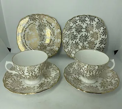 Buy Vintage Royal Vale Bone China 2 X Cup/Saucer & Side Plate Set Gold/Gilt Floral • 34.99£