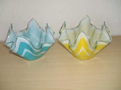 Buy Vintage Chance Brothers Blue And Yellow Striped Glass Handkerchief Vases • 10£