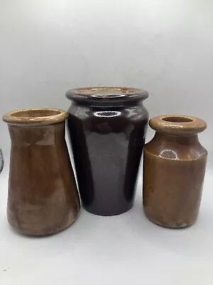 Buy 3 Old Brown Glazed Stoneware Jars And Pots  • 12£