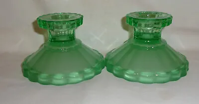 Buy 2 Art Deco Green Pressed Glass Candlesticks • 12.50£
