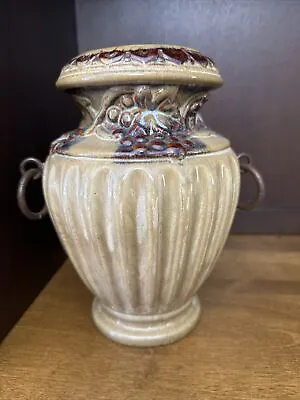Buy Pottery Vase Beige Brown Drip Glaze  Grape Pattern Metal Ring Handles ~ 9.5” • 28.59£