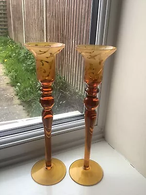 Buy Antique Pair Of Victorian Tall Amber Etched Art Glass Candlesticks • 12.99£
