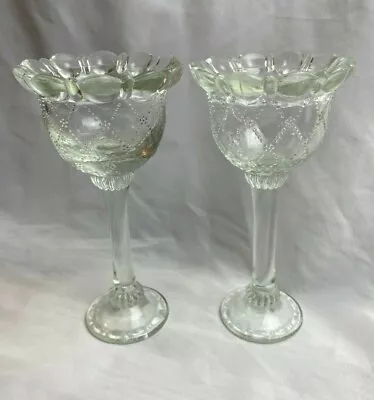 Buy Vintage Pair Of Pressed Glass Votive / Tealight Tall Pedestal Candle Holders • 5.99£