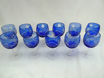 Buy Set Of 11 Vintage Murano Or Bohemian Blue Overlaid Cut To Clear Crystal Glasses • 50£