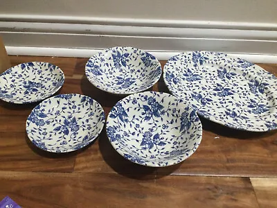 Buy VTG Royal Tudor Bouquet Blue Grindley 5pc Saucers Bowls Platter Scallop England • 85.85£