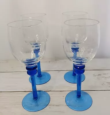 Buy 4 X Cobalt Blue Stem Etched Grape Patterned Wine Glasses • 20£