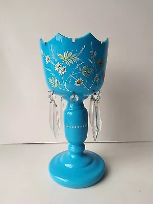 Buy Antique Victorian Bristol Turquoise Opaline Glass Lustre Mantel Vase. 30cm Tall • 50£