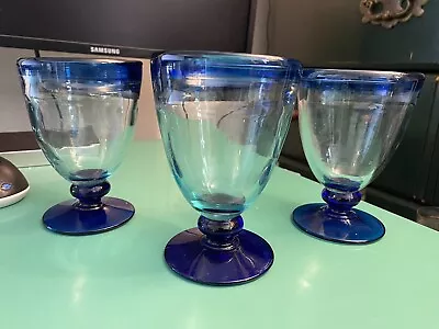 Buy 3 Mexican Hand Blown Glassware Cobalt Blue Rim Water Wine Glasses Free Ship! • 29.44£