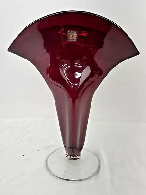 Buy Richard Blenko Signed Hand Blown Red And Clear Glass Fan Vase 1999 • 96.42£