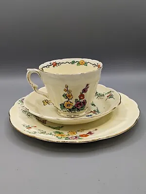 Buy Vintage Crown Staffordshire Hollyhocks Trio Cup Saucer And Side Plate, Wavy Edge • 19.90£