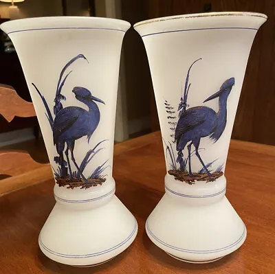Buy Hand Painted Vase Frosted Glass With Matched Pair Blue Herons 9-3/4” • 308.22£