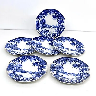 Buy Vintage English Porcelain Blue & White Village Transferware Side Plate Set X6 • 19.99£