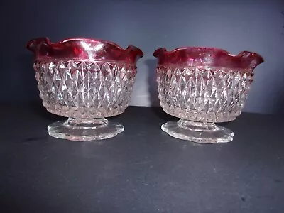 Buy A Pair Of Indiana Glass Ruby Flash Diamond Point Red Candle Bowls • 23.05£