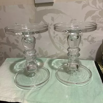 Buy Vintage Pair Beautiful Heavy Glass Dual Size Pillar Candle Holders Votive Candle • 23.99£