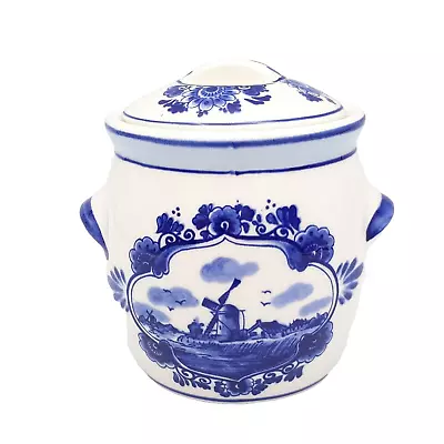 Buy Vintage Delft Marnes Lidded Mustard Jar, Blue White Delftware Windmill Pot • 12£