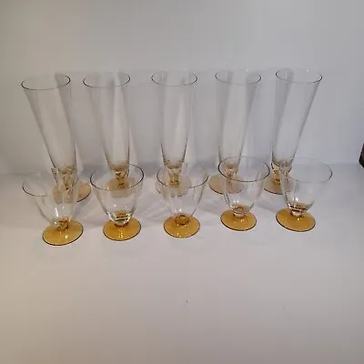 Buy Set Of 10 Vintage Yellow Amber Short And Tall Stemware Glassware  1970s • 56.92£