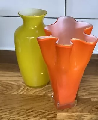 Buy 2 X 60s 70s Retro Vintage Orange Cased Glass Vases Orange And Yellow • 12£